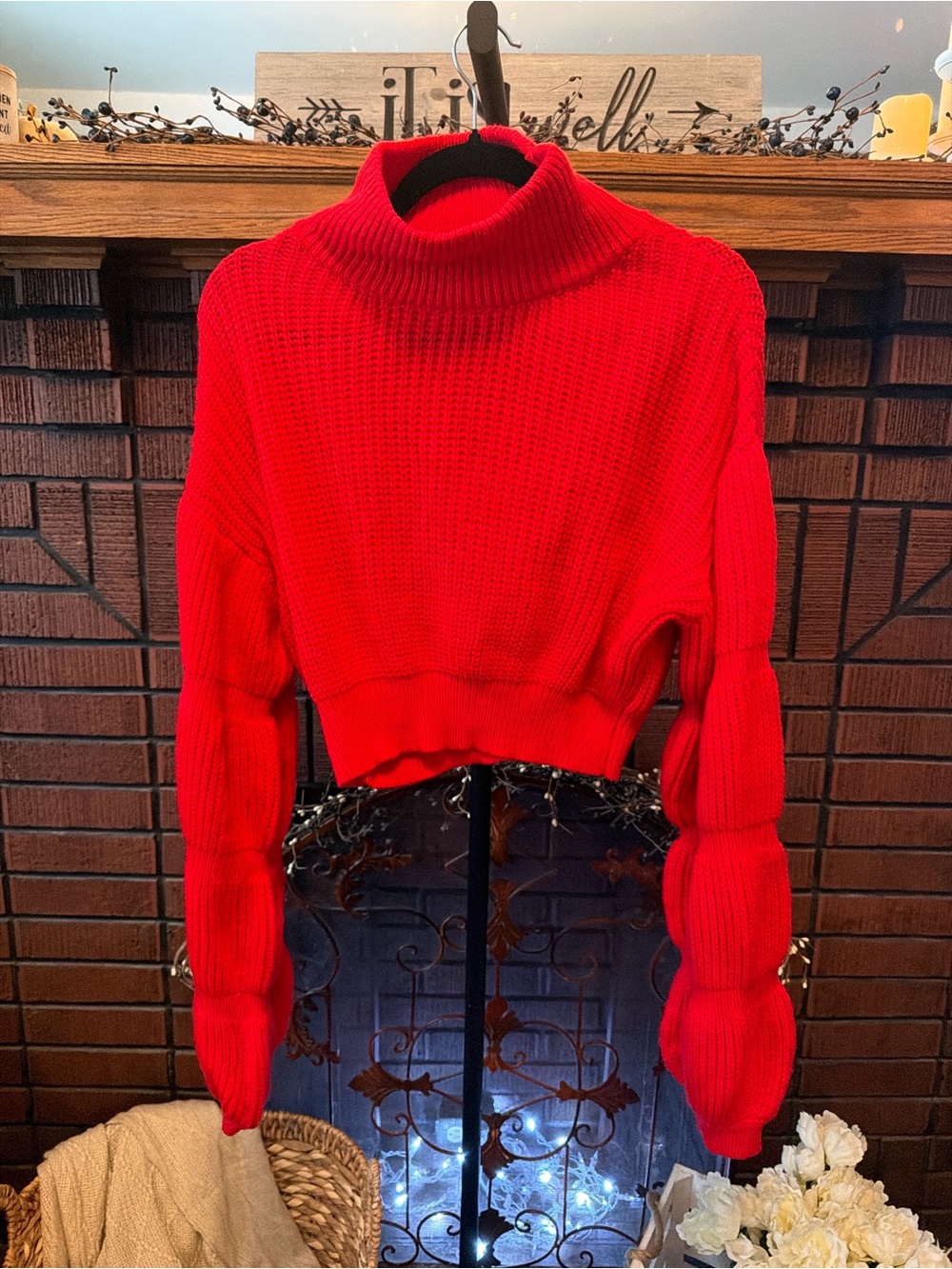 Red Cropped Turtleneck Sweater with Balloon Sleeves